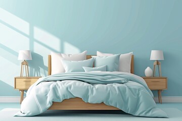 Fototapeta na wymiar Contemporary bed with bedding and lamps illustration.