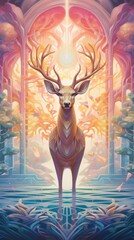 A visionary scene of a deer with radiant wings soaring above a utopian landscape merging nature with futuristic harmony