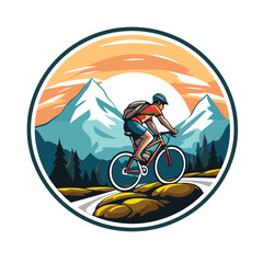 Mountain biker in front of the mountains. Vector illustration.