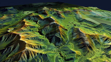 Close-up of 3D LiDAR GIS map, scan, modelling the surface of a landscape with mountains, hills and rivers, data from a UAV, drone