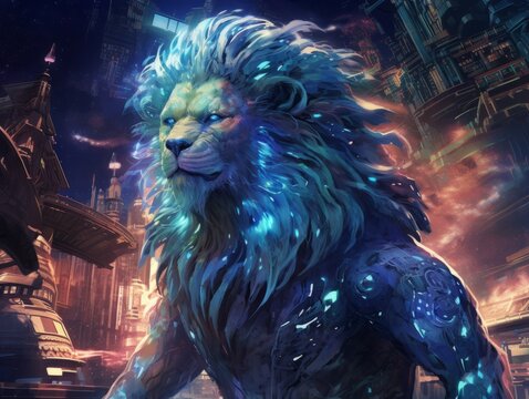 Celestial lion god mane shimmering with starlight overseeing neon lit future cities from above