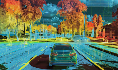 3D LiDAR GIS map, scan, data visualization, showing the technology actively mapping and modelling an urban modern city environment with cars on the road. Orange, blue and yellow colours - obrazy, fototapety, plakaty