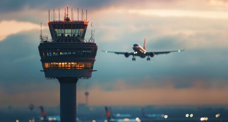 Air traffic control tower of airport with a departing Boeing 737 in the background at sunset.