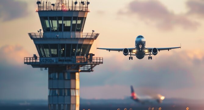 Air traffic control tower of airport with a departing Boeing 737 in the background at sunset.