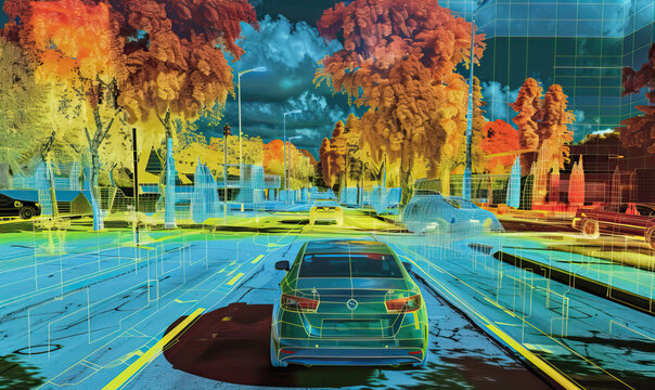3D LiDAR GIS map, scan, data visualization, showing the technology actively mapping and modelling an urban modern city environment with cars on the road. Orange, blue and yellow colours