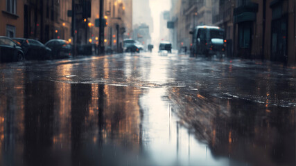 A rainy day in the city in summer. The texture of powerful drops and splashes of water. A puddle...