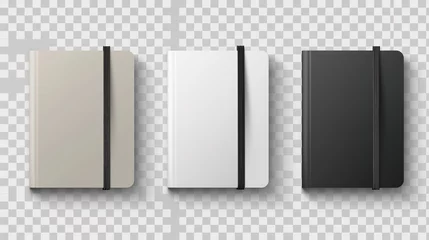 Fotobehang 3d Realistic White, Gray, Black Closed Blank Paper Notebook Set Isolated on Transparent Background. Design Template of Copybook with Elastic Band for Mockup, Logo Print. Top View, generative ai, © irvan