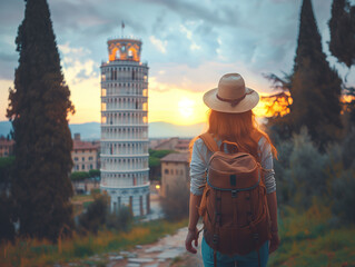 Woman in Pisa, Italy in front of the tower (torre di pisa) at sunset during summer