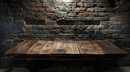 Old wooden table with brick background dark