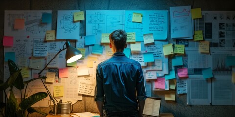 Individual analyzing a board filled with various business strategy documents and notes under a lamp
