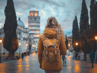 Travelling woman in Pisa in front of the tower (torre di pisa)