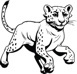 Cheetah Running - Black and White Cartoon Illustration. Vector