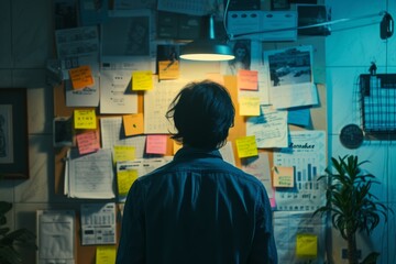 Individual analyzing a board filled with various business strategy documents and notes under a lamp