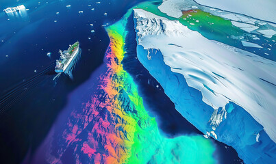 Exploratory ship conducting bathymetry and generating seabed maps using sonar technology. Seabed scans and mapping, underwater scanning, ocean topography, maritime and marine science, iridescent 
