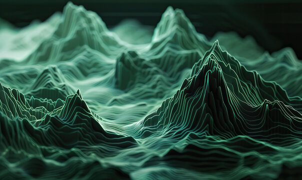 LiDAR technology generating point cloud data for a hilly mountainous landscape. Data visualization and graphical representation of mapping and scanning mountain ranges and the topography of mountains