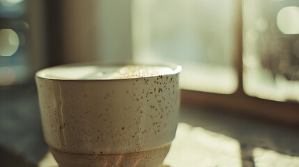 Close-up of frothy vegan plant-based cappuccino by window in trendy stylish minimalist cafe, golden hour, sunlight - obrazy, fototapety, plakaty