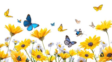 Beautiful yellow flower of Daisy (Aster) and colorful butterflies isolated on a white background, generative ai, generaive, ai