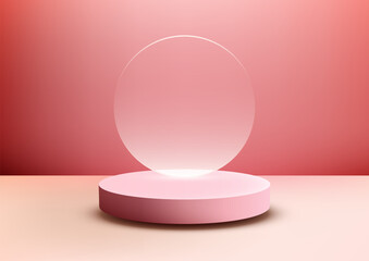 3D Pink podium with clear glass circle on top, set against a red background