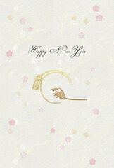 Fototapeta na wymiar 稲穂を見上げる　かわいい茶色の鼠　桜散らしの和紙背景　子年　年賀状デザイン