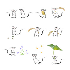 可愛い白い鼠　ポーズ　セット　縁起物、自然、