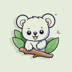 Cute koala on the tree with green leaves. Vector illustration.