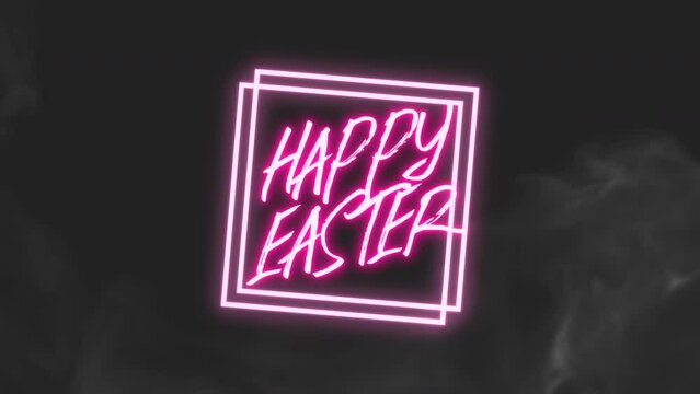 A neon sign saying Happy Easter in pink lights with a white border, against a black background. A cheerful and festive design to celebrate the holiday