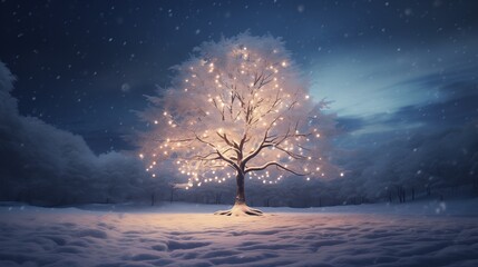 A captivating view of a glowing tree outdoors, illuminated by the soft glow of twinkling lights