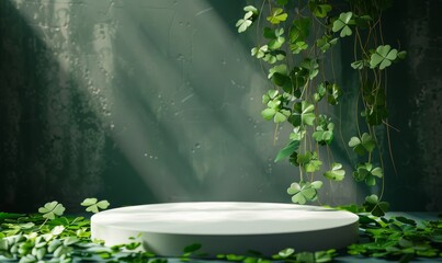 White round stage with shamrock, Saint Patrick's day concept.