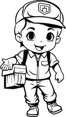 Cartoon Illustration of Cute Little Boy Construction Worker Character for Coloring Book