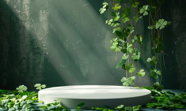 White round stage with shamrock, Saint Patrick's day concept.