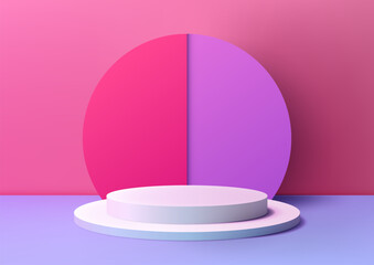 Abstract 3D white podium with circle backdrop on purple floor in pink background