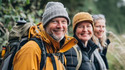 Fototapeta premium Group of elderly hikers friends, with outdoor gear and wide-brimmed hats, beam with happiness on a forest trail, capturing the essence of active senior living and nature appreciation, senior lifestyle