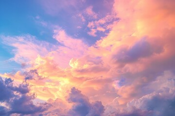 Fototapeta premium A panoramic view of a dreamlike sky with fluffy clouds tinged with pink and orange hues, illuminated by the soft, radiant light of a setting or rising sun.