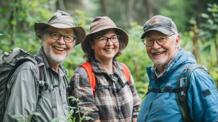Fototapeta premium Group of elderly hikers friends, with outdoor gear and wide-brimmed hats, beam with happiness on a forest trail, capturing the essence of active senior living and nature appreciation, senior lifestyle