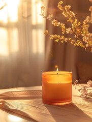 Obraz na płótnie Canvas Burning candle on table in room, closeup. 