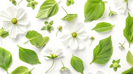Fresh green leaves of Siberian peashrub and cosmos flowers in seamless waved pattern isolated on white, generative ai