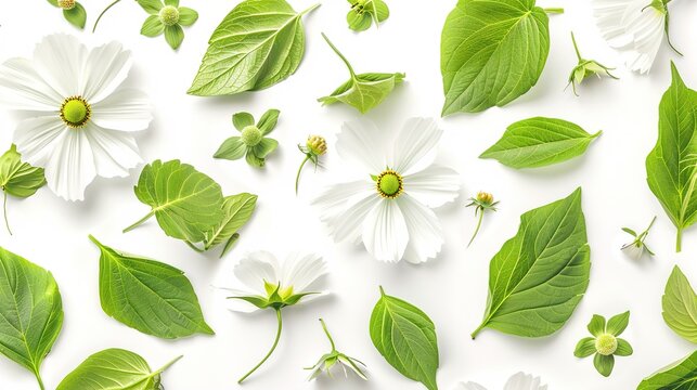 Fresh green leaves of Siberian peashrub and cosmos flowers in seamless waved pattern isolated on white, generative ai