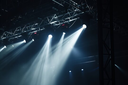 Intense stage lights beaming from a metal truss structure in a dark concert setting, creating a dramatic and powerful atmosphere.