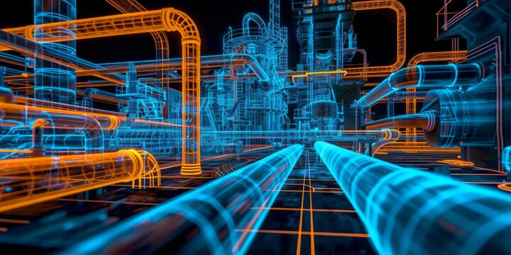 A holographic projection of an industrial plant design, with intricate piping and machinery, glowing in neon blue and orange against a dark background.