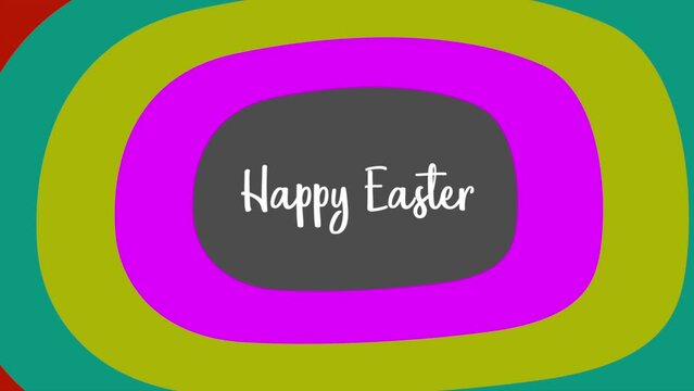 A vibrant, circular image adorned with assorted colored shapes forms the backdrop for the words Happy Easter in white letters against a green background, enclosed by a striking red border