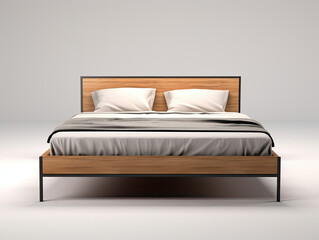 Fototapeta na wymiar Wooden Frame Bed With White Pillows