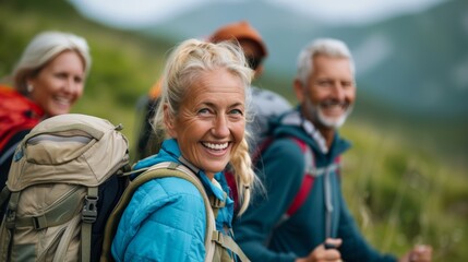 Group of elderly hikers friends, looking camera with happiness on forest trail, backpacks and hiking attire celebrate retirement of golden year through outdoors activity, senior health care lifestyle