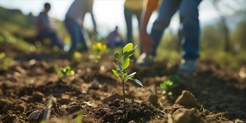 Young saplings planted in soil with people actively engaging in reforestation in the background, symbolizing growth and environmental care.