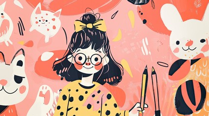 kawaii factory, charming character illustration, expressive mark-making technique, folk-art inspired drawing, minimalist, flat color, limited color palette