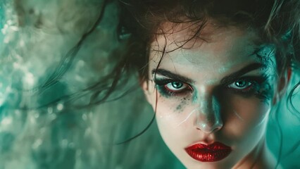 A closeup of a woman with exaggerated makeup and a expression embodying a histrionic personality disorder, female With Dark Makeup and Red Lips