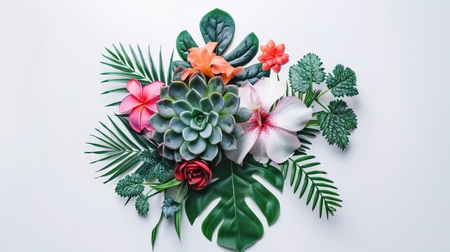 Rosette of succulent and tropical flowers and leaves in a floral arrangement isolated on white background. Flat lay. Top view, generative ai