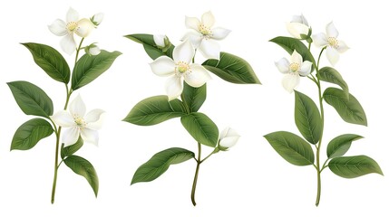 set of jasmin branches with flowers isolated on white background, generative ai - obrazy, fototapety, plakaty