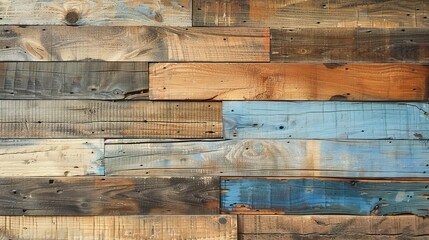 Pale faded brown and cool blue reclaimed wood surface with aged boards lined up. Wooden planks on a wall or floor with grain and texture. Neutral stained vintage wood background