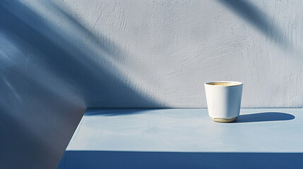 Vegan plant-based oat cappuccino cup of coffee in modern minimalist trendy stylish cafe setting with dark blue stucco concrete wall, product photography, outdoors, sunny, bright, shadow play - obrazy, fototapety, plakaty