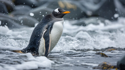 A penguin royalty glimpsing behind near the waters. - obrazy, fototapety, plakaty